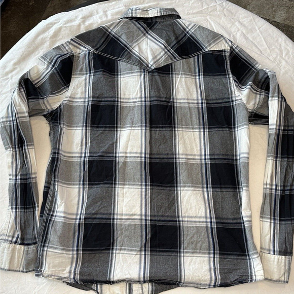 Aeropostale Black/White/Grey Medium Western Plaid Shirt Pearl Snap Long Sleeve - Picture 11 of 12